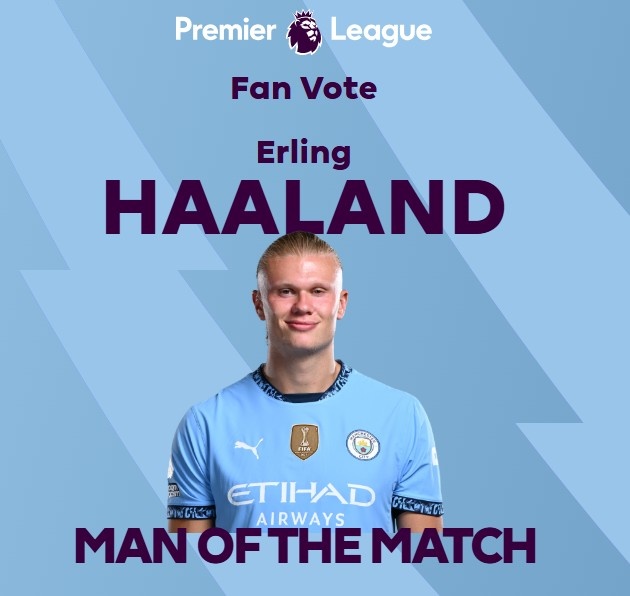 打進致勝球！英超官方：哈蘭德當選曼城1-0熱刺全場最佳球員